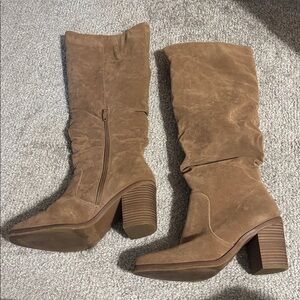 Tan Suede Knee High Boots with Heel